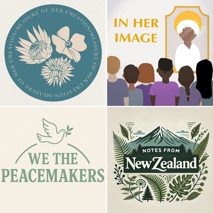 Four podcast covers: Measure of Her Creation, In Her Image, We the Peacemakers and Notes from New Zealand